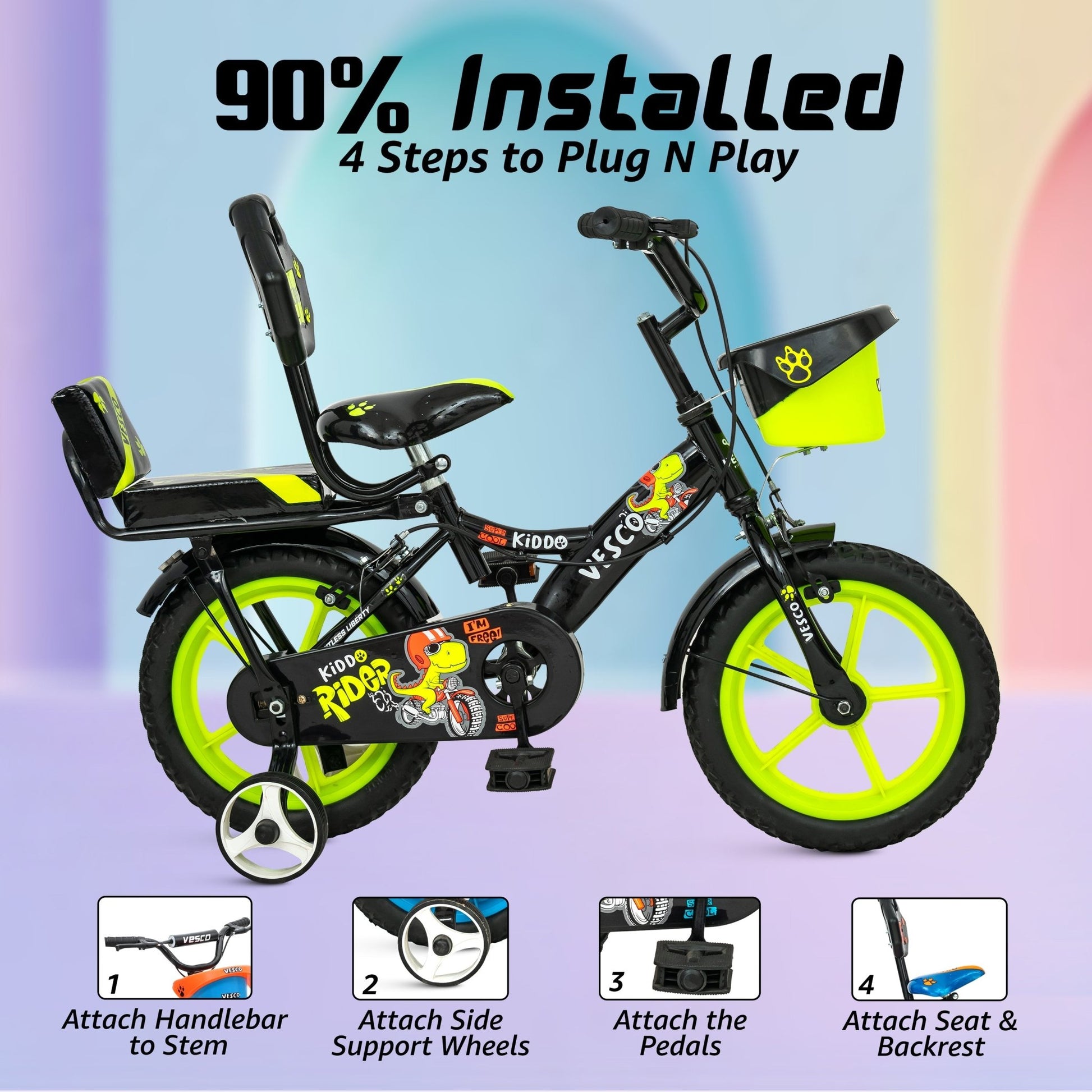 Kiddo Cycle 14 - T Kids Sports Bicycle Training Wheels - Green - Vesco Cycles