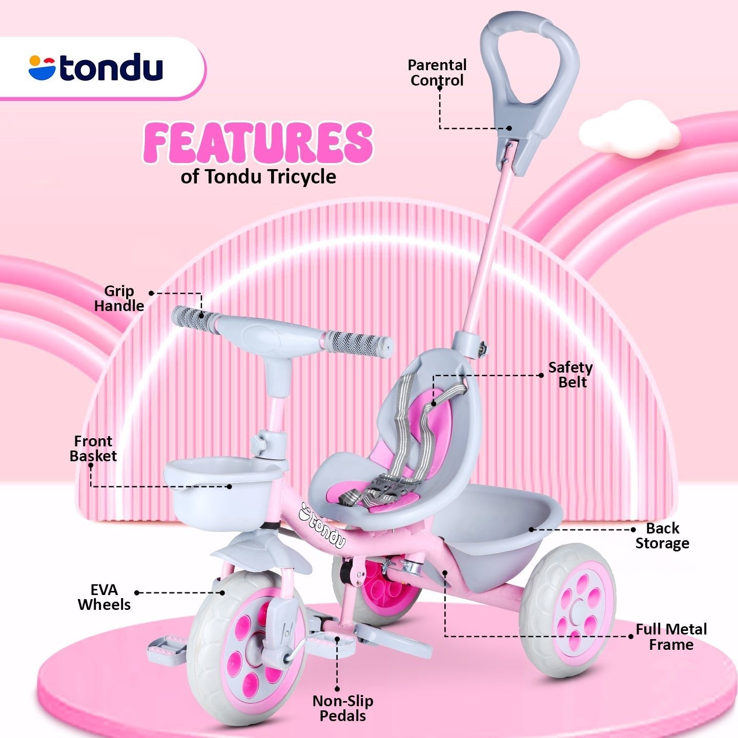 Pink TONDU Kiddo Tricycle Best for 1.5 Year to 4 Years Kids - Vesco Cycles