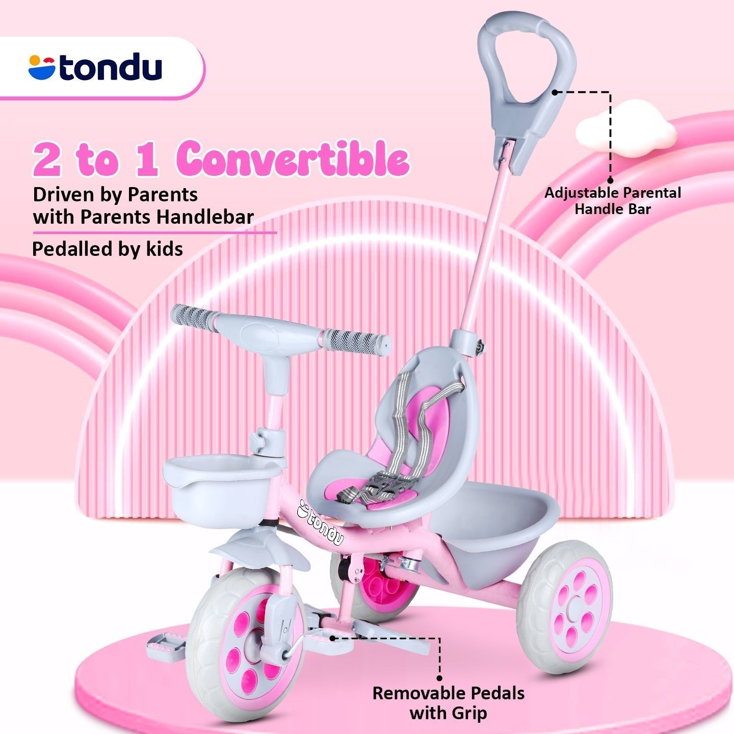 Pink TONDU Kiddo Tricycle Best for 1.5 Year to 4 Years Kids - Vesco Cycles