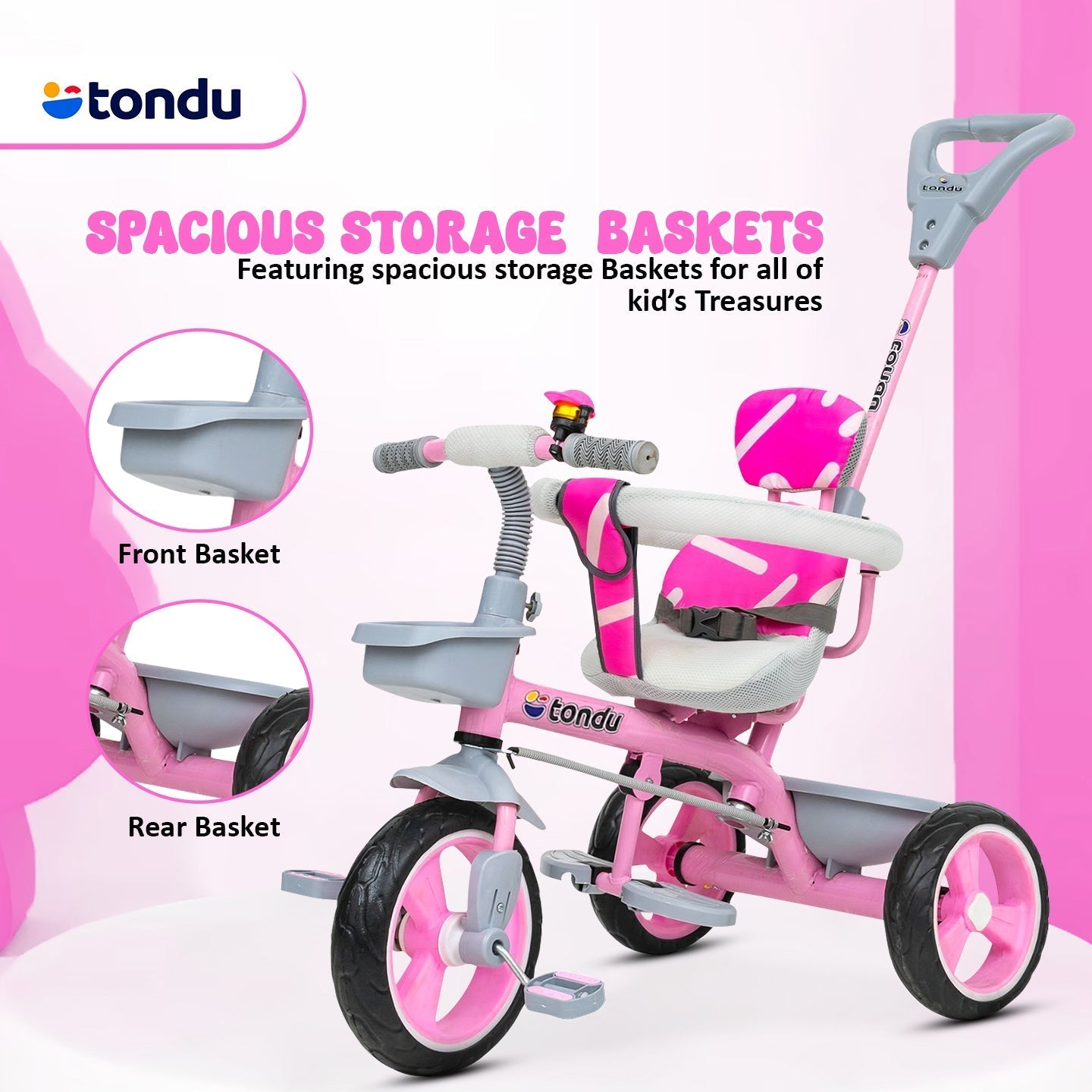 Pink TONDU Tricycle for Kids with Safety Arm & Seat Belt - Vesco Cycles