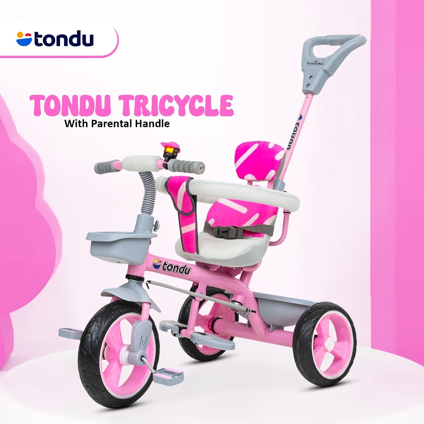 Pink TONDU Tricycle for Kids with Safety Arm & Seat Belt - Vesco Cycles