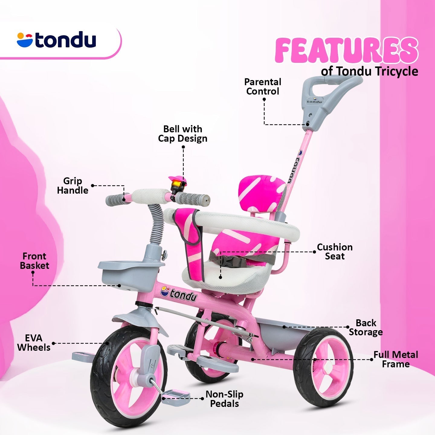 Pink TONDU Tricycle for Kids with Safety Arm & Seat Belt - Vesco Cycles