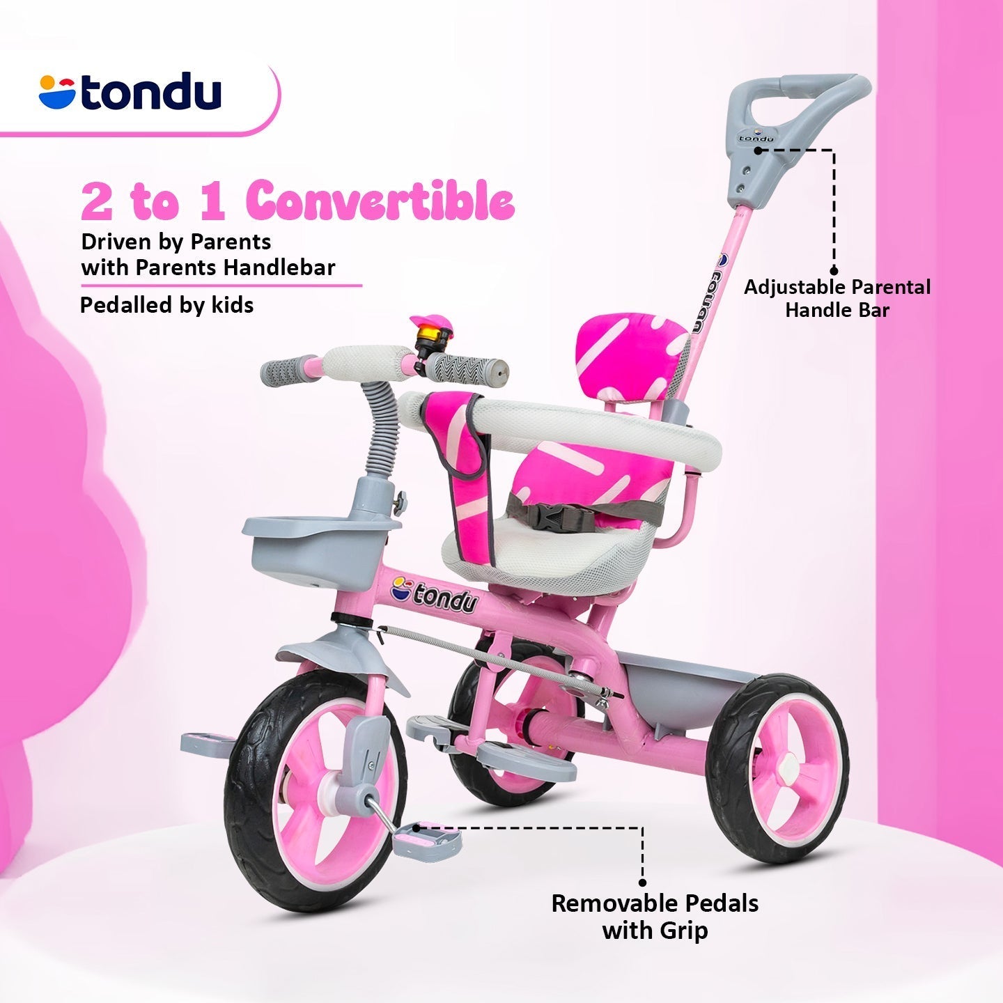 Pink TONDU Tricycle for Kids with Safety Arm & Seat Belt - Vesco Cycles