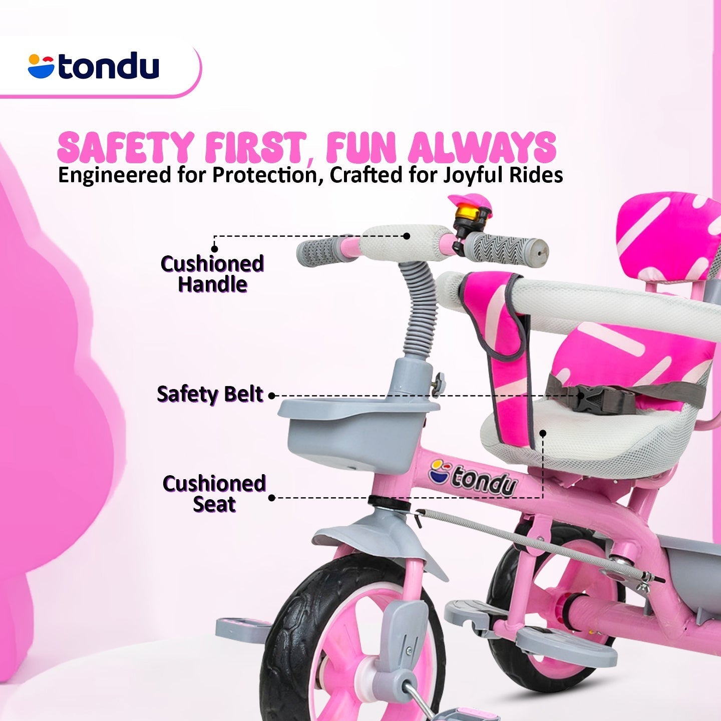 Pink TONDU Tricycle for Kids with Safety Arm & Seat Belt - Vesco Cycles