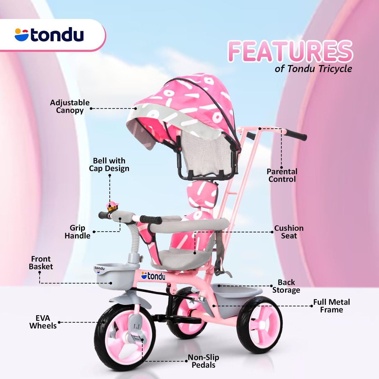 Pink TONDU Tricycles with Canopy Seat Belt - Vesco Cycles