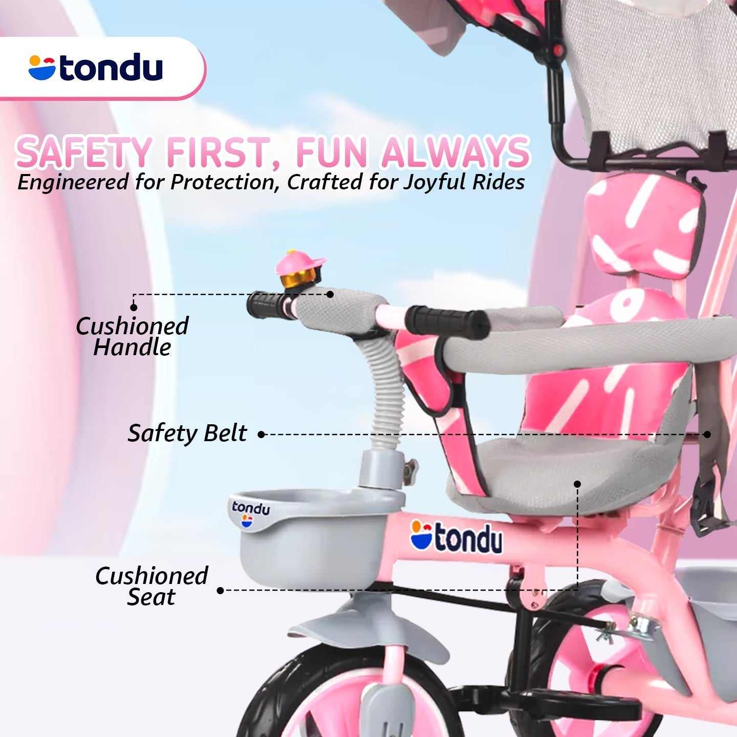 Pink TONDU Tricycles with Canopy Seat Belt - Vesco Cycles
