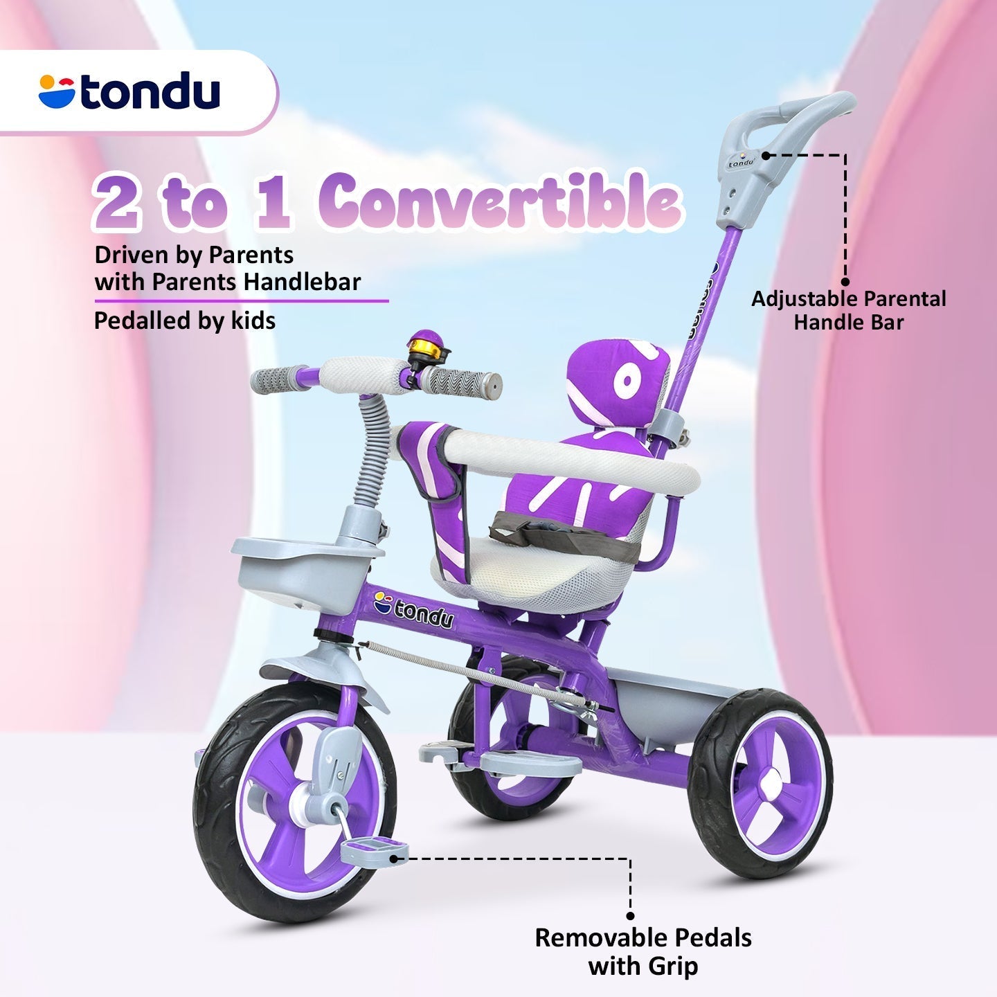 Purple TONDU Tricycle for Kids with Safety Arm & Seat Belt - Vesco Cycles