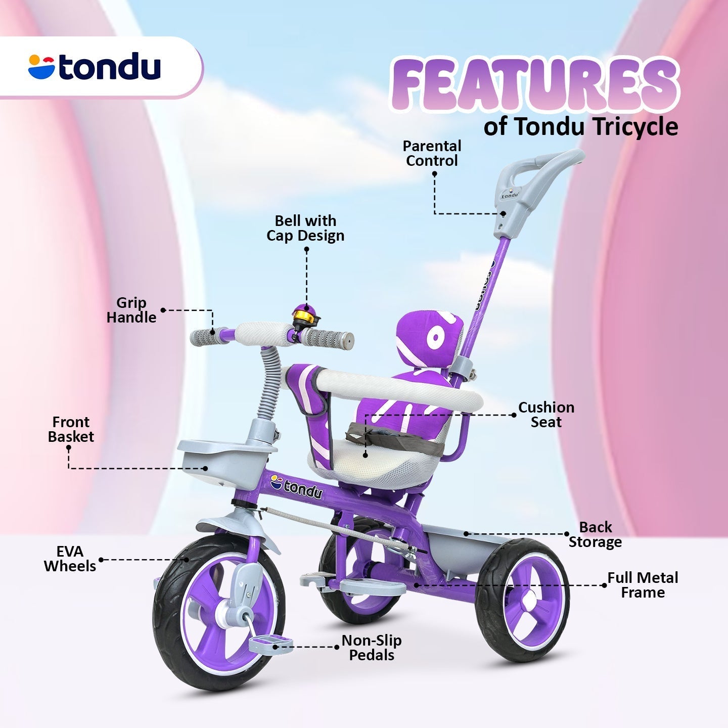 Purple TONDU Tricycle for Kids with Safety Arm & Seat Belt - Vesco Cycles