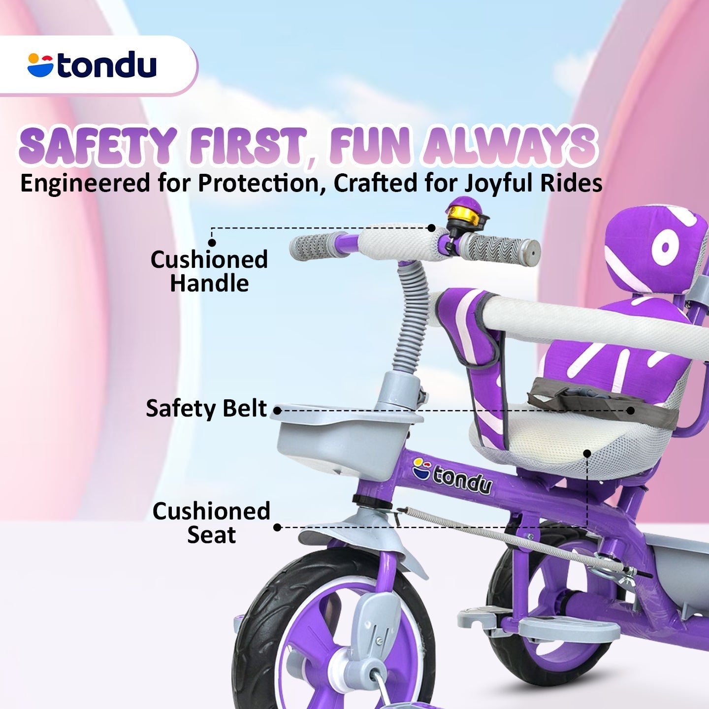 Purple TONDU Tricycle for Kids with Safety Arm & Seat Belt - Vesco Cycles