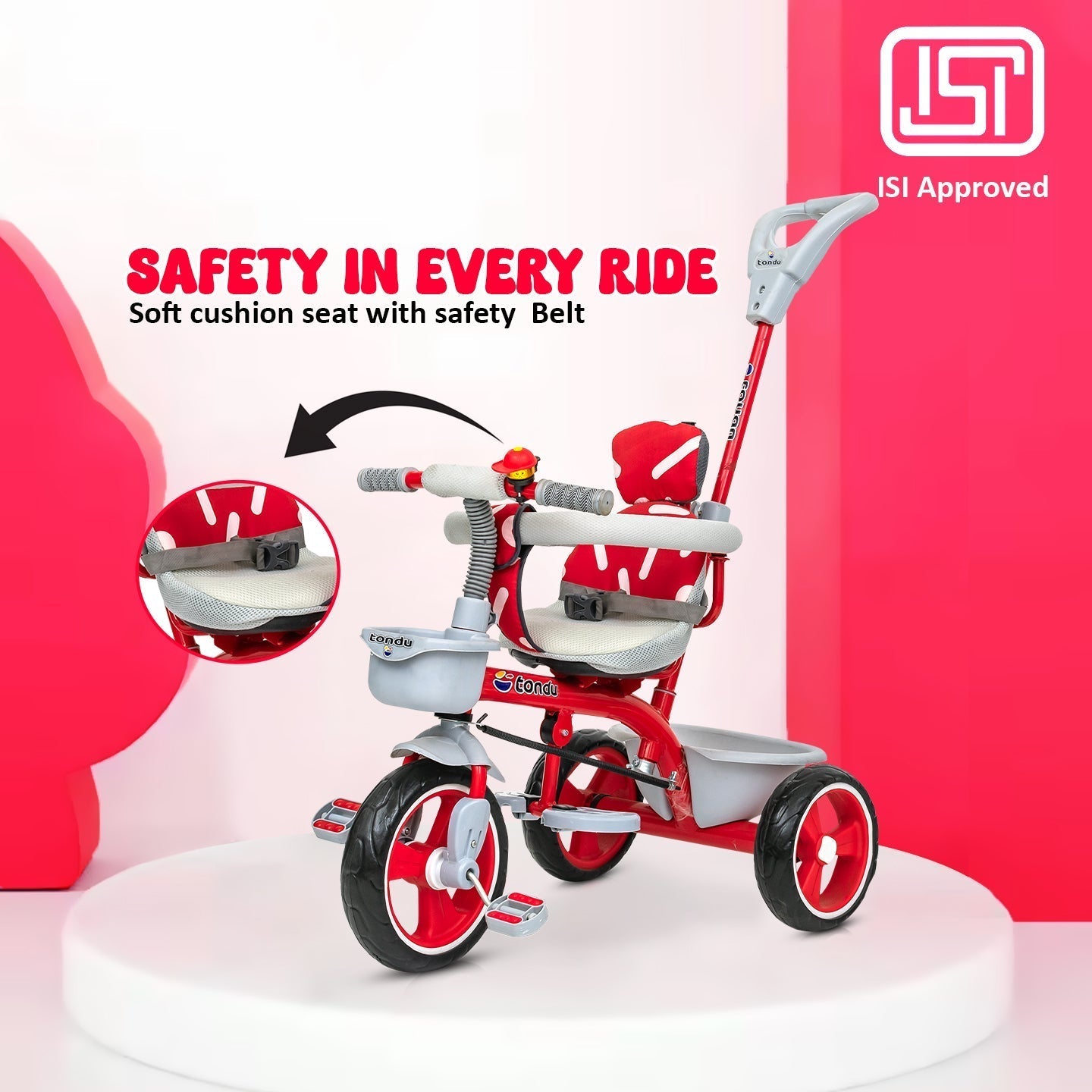 Red TONDU Tricycle for Kids with Safety Arm & Seat Belt - Vesco Cycles