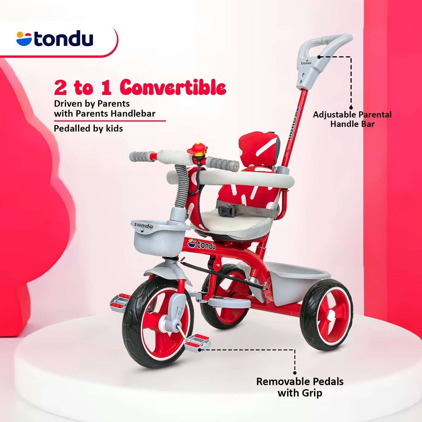 Red TONDU Tricycle for Kids with Safety Arm & Seat Belt - Vesco Cycles