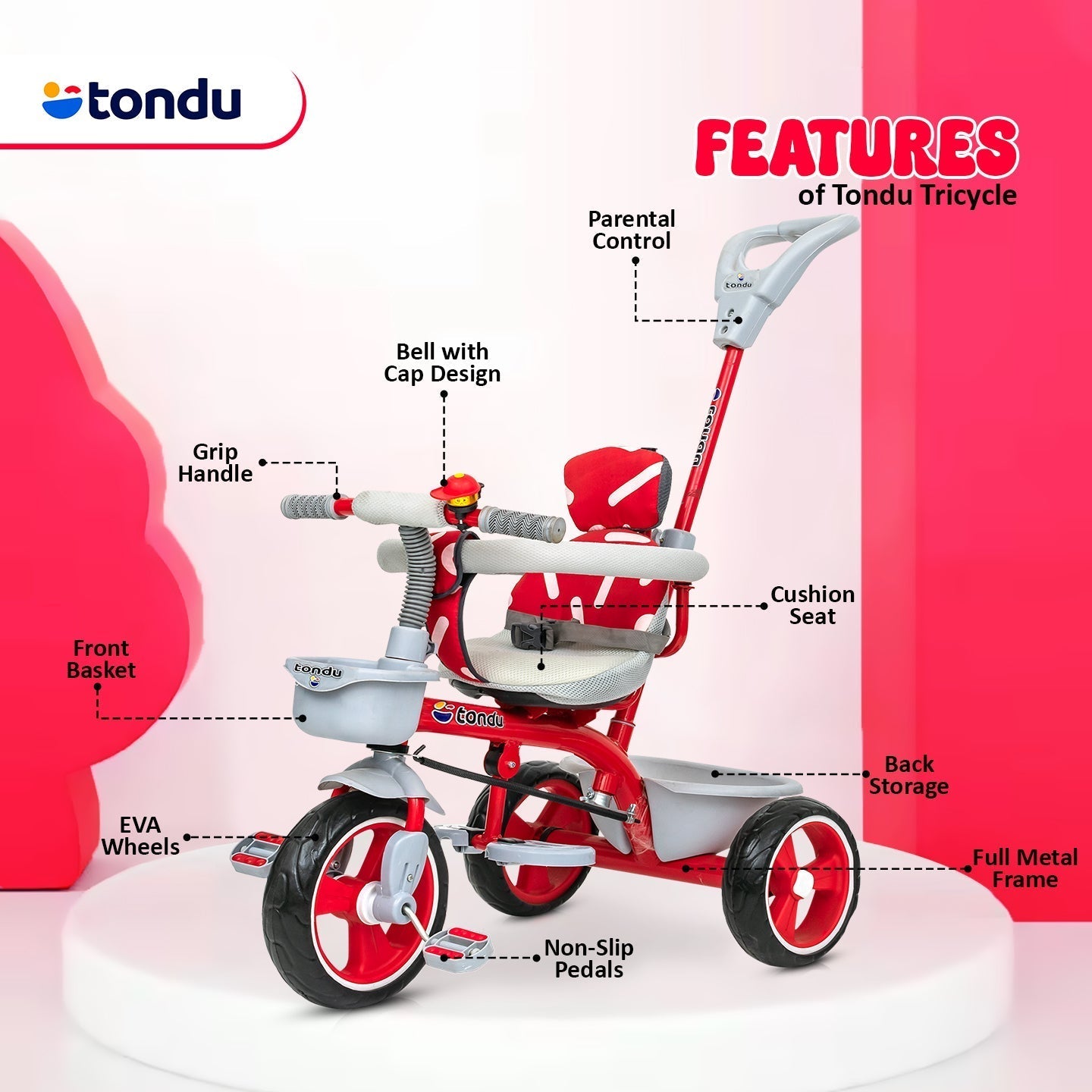 Red TONDU Tricycle for Kids with Safety Arm & Seat Belt - Vesco Cycles
