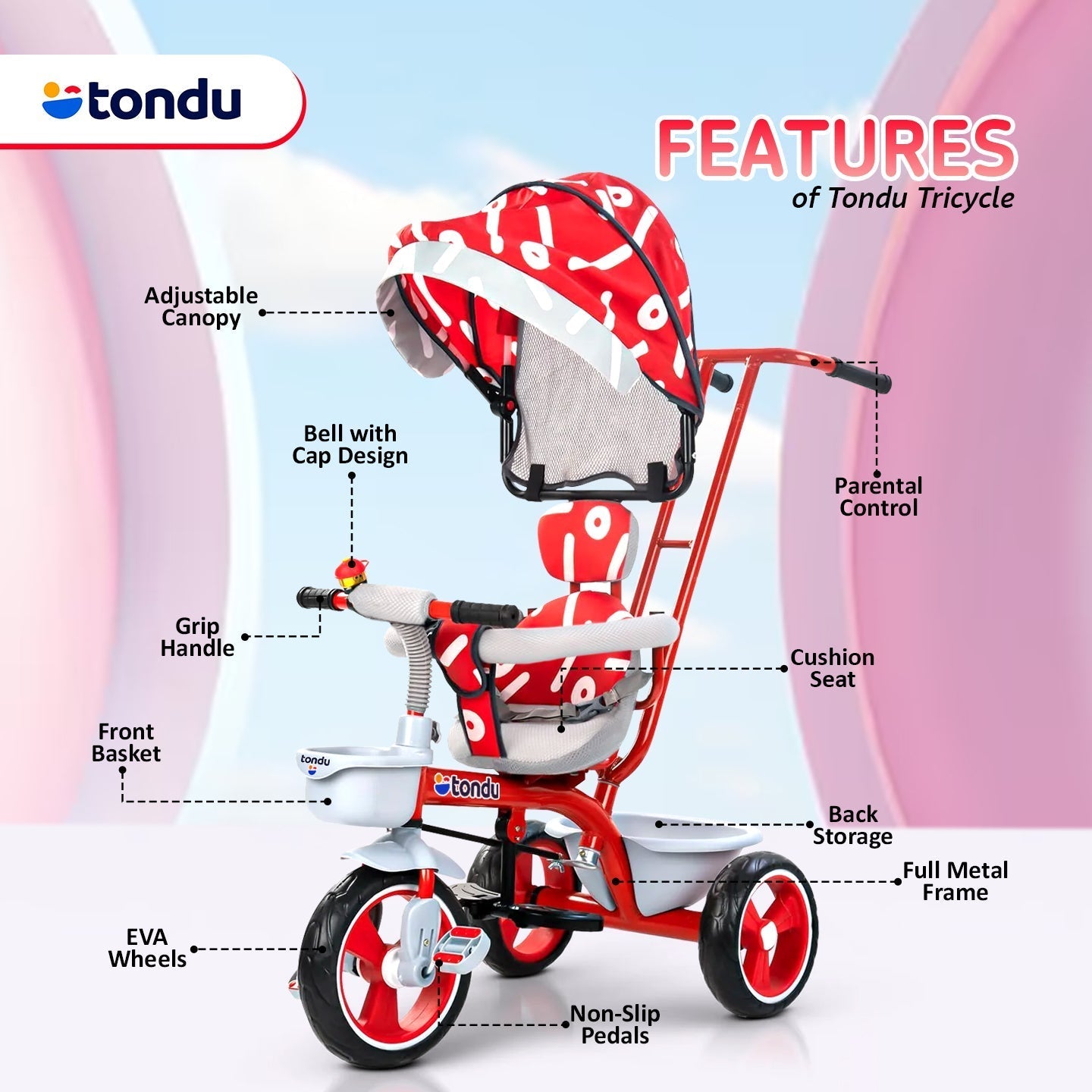 Red TONDU Tricycles with Canopy Seat Belt - Vesco Cycles