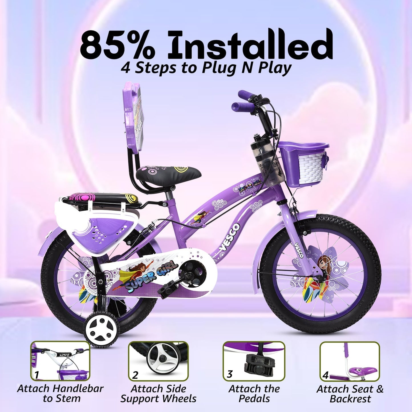 Super Girl 16T Bicycle for Kids (Purple) - Vesco Cycles