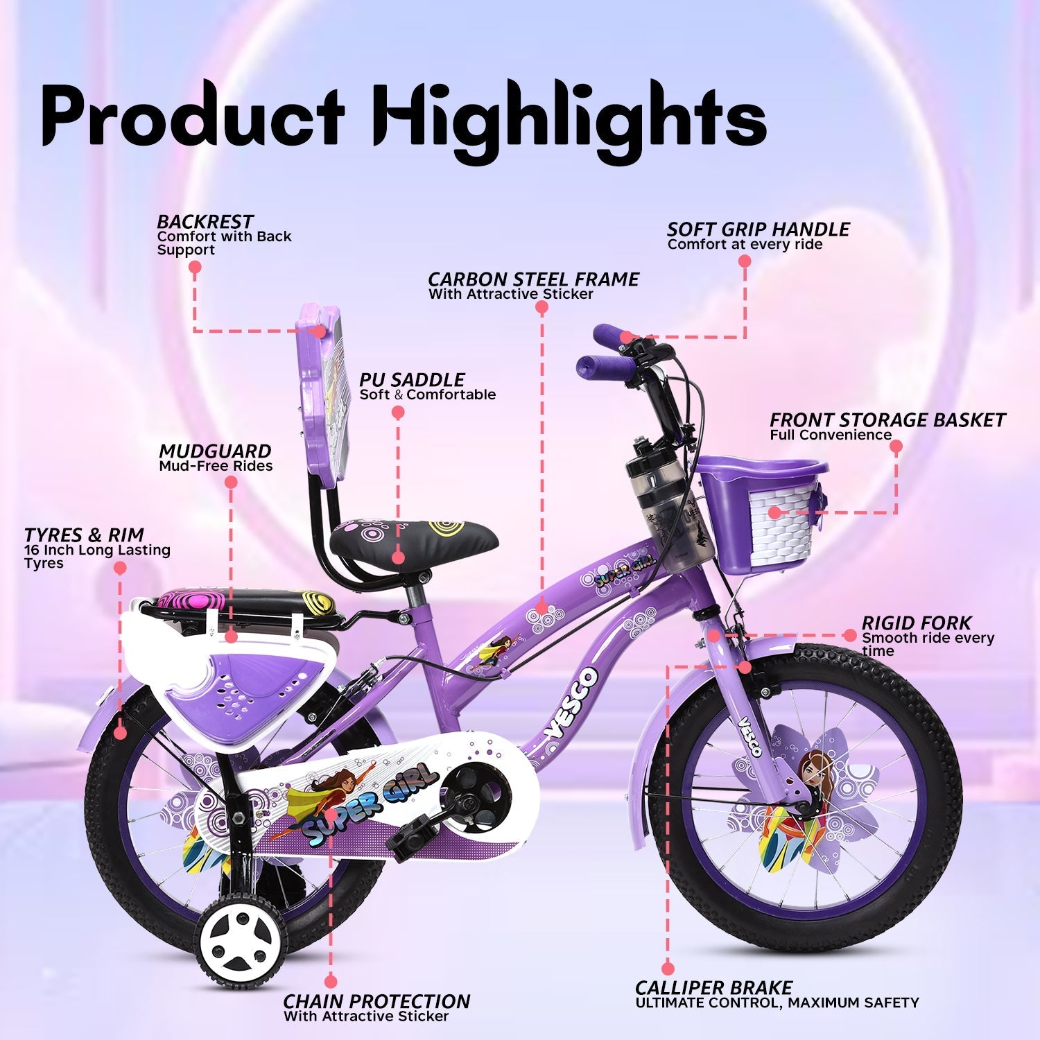 Super Girl 16T Bicycle for Kids (Purple) - Vesco Cycles