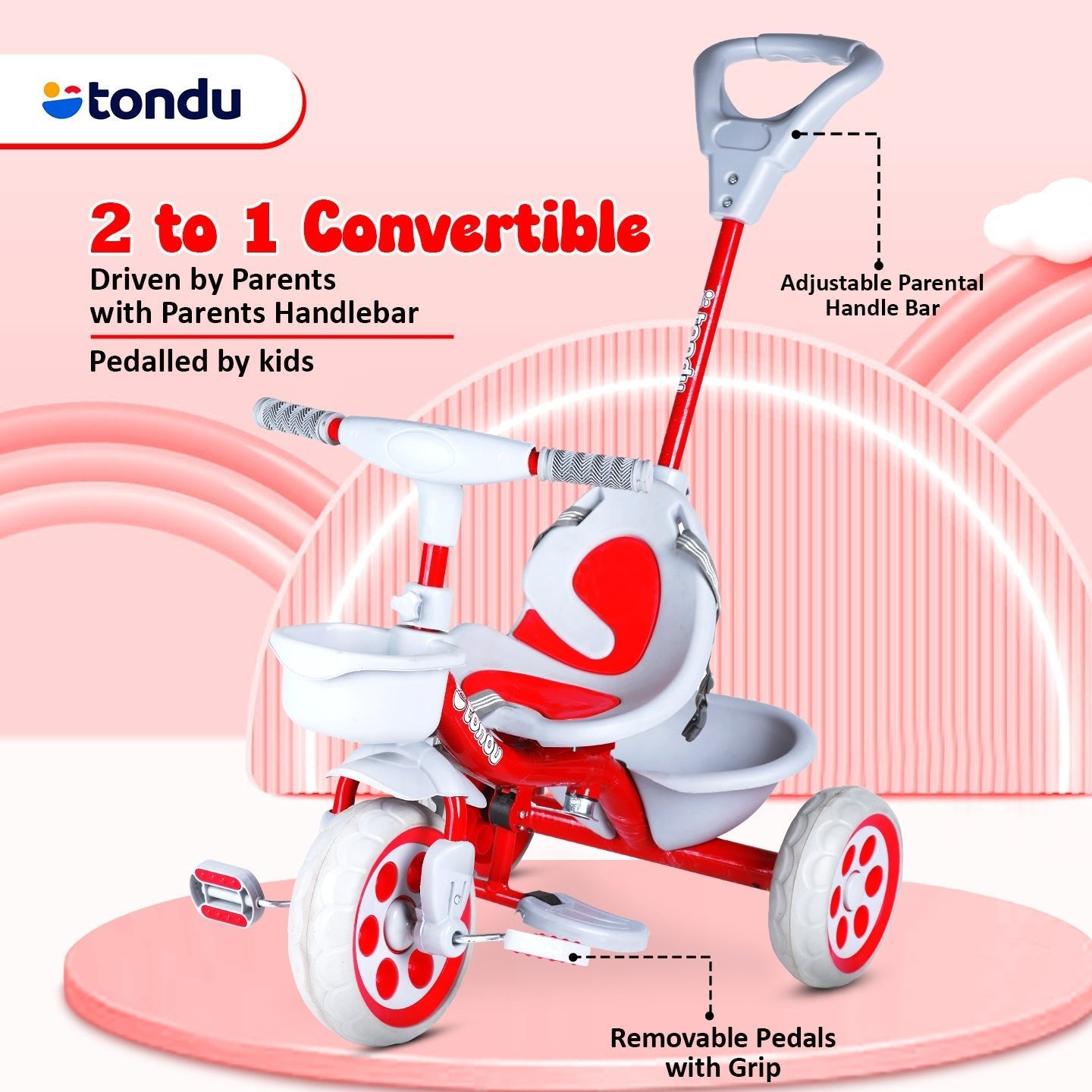TONDU Kiddo Tricycle Best for 1.5 Year to 4 Years Baby/Kids (Red) - Vesco Cycles