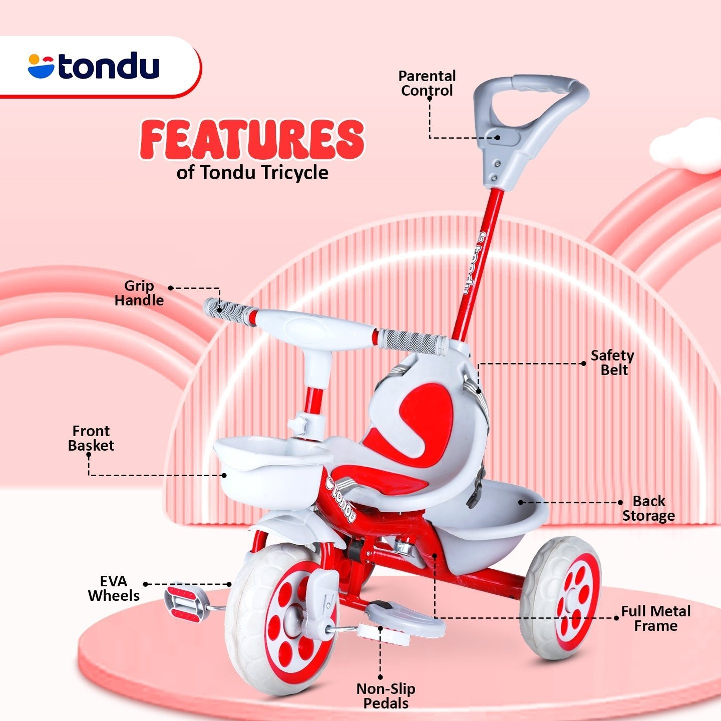 TONDU Kiddo Tricycle Best for 1.5 Year to 4 Years Baby/Kids (Red) - Vesco Cycles
