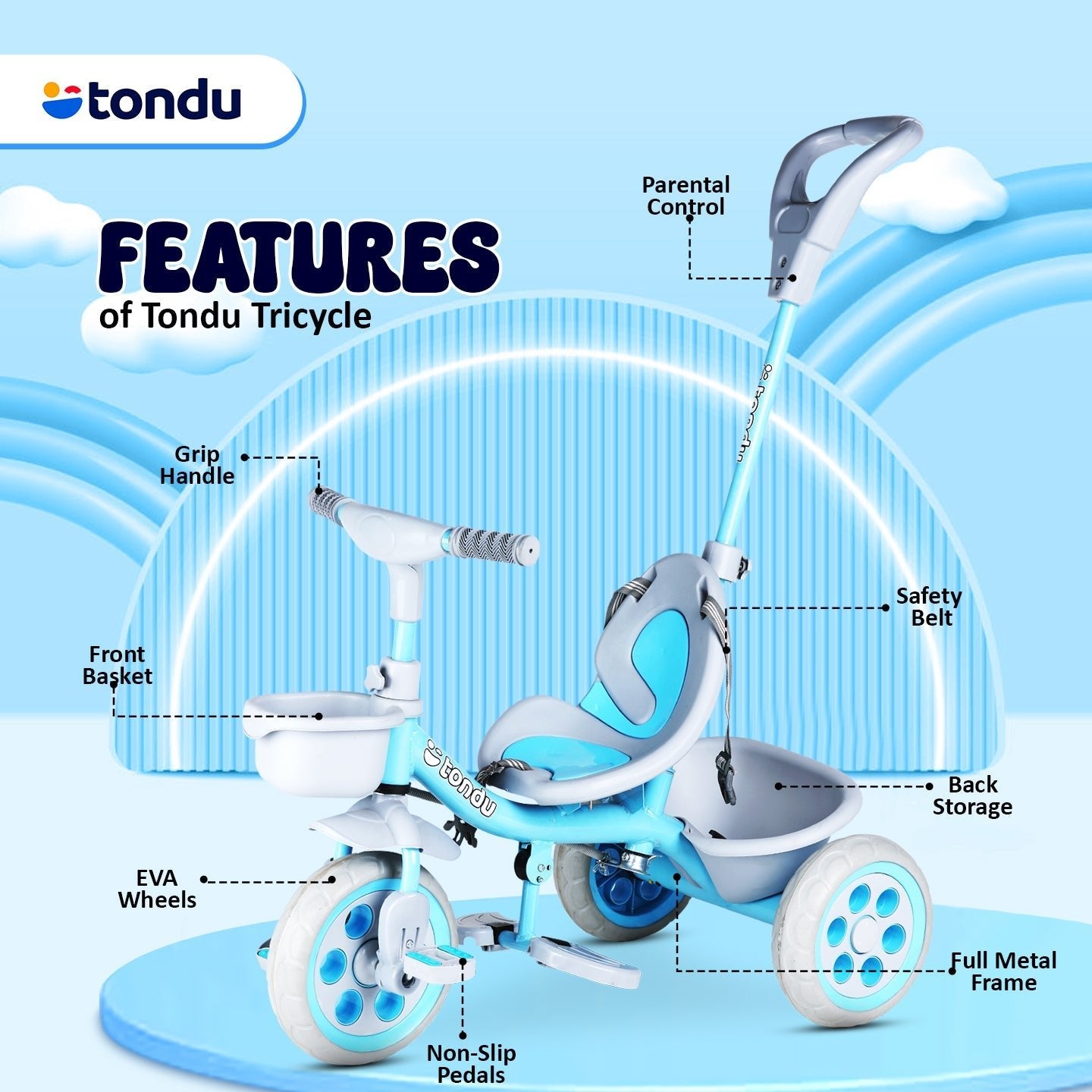 TONDU Kiddo Tricycle Best for 1.5 Year to 4 Years Kids (Blue) - Vesco Cycles