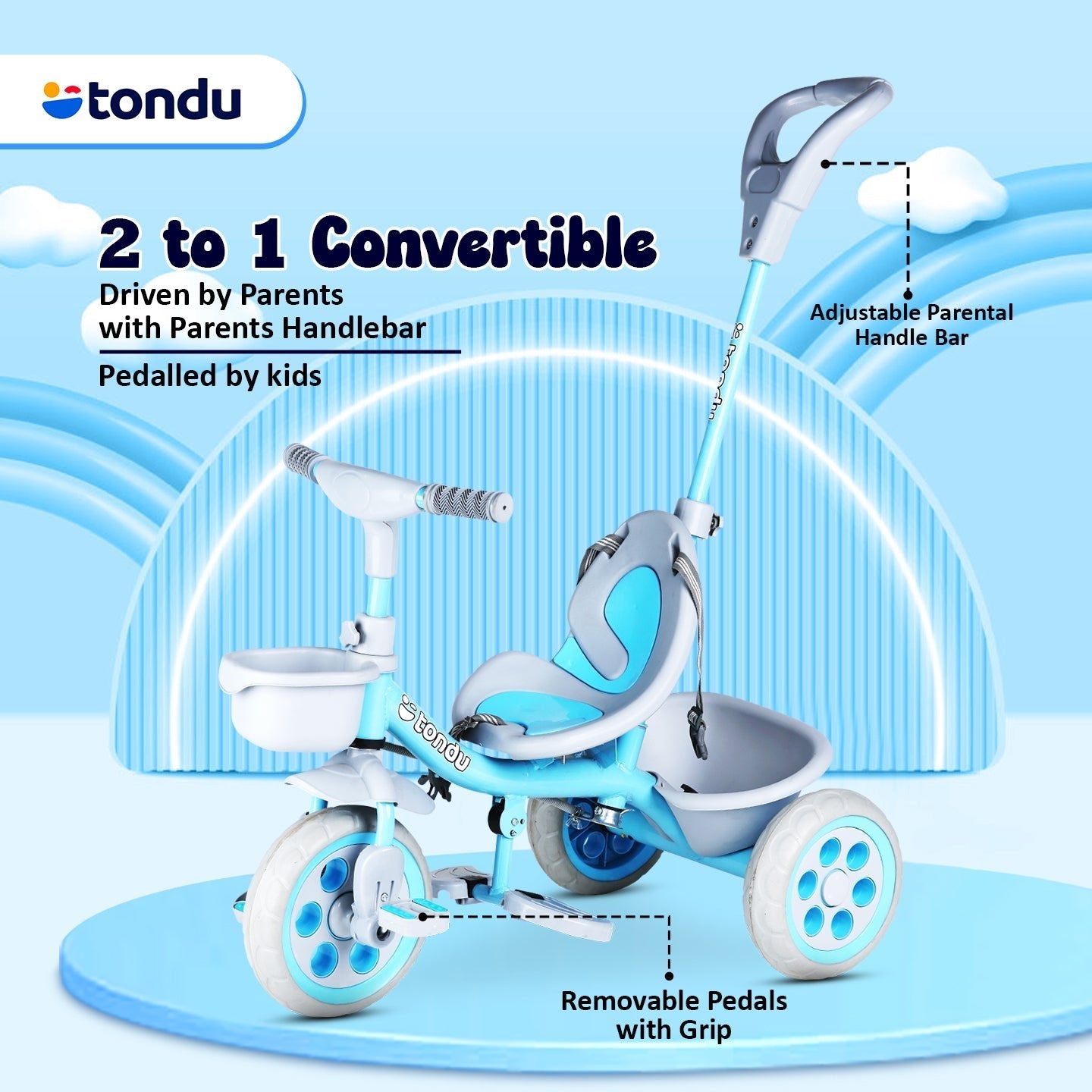 TONDU Kiddo Tricycle Best for 1.5 Year to 4 Years Kids (Blue) - Vesco Cycles