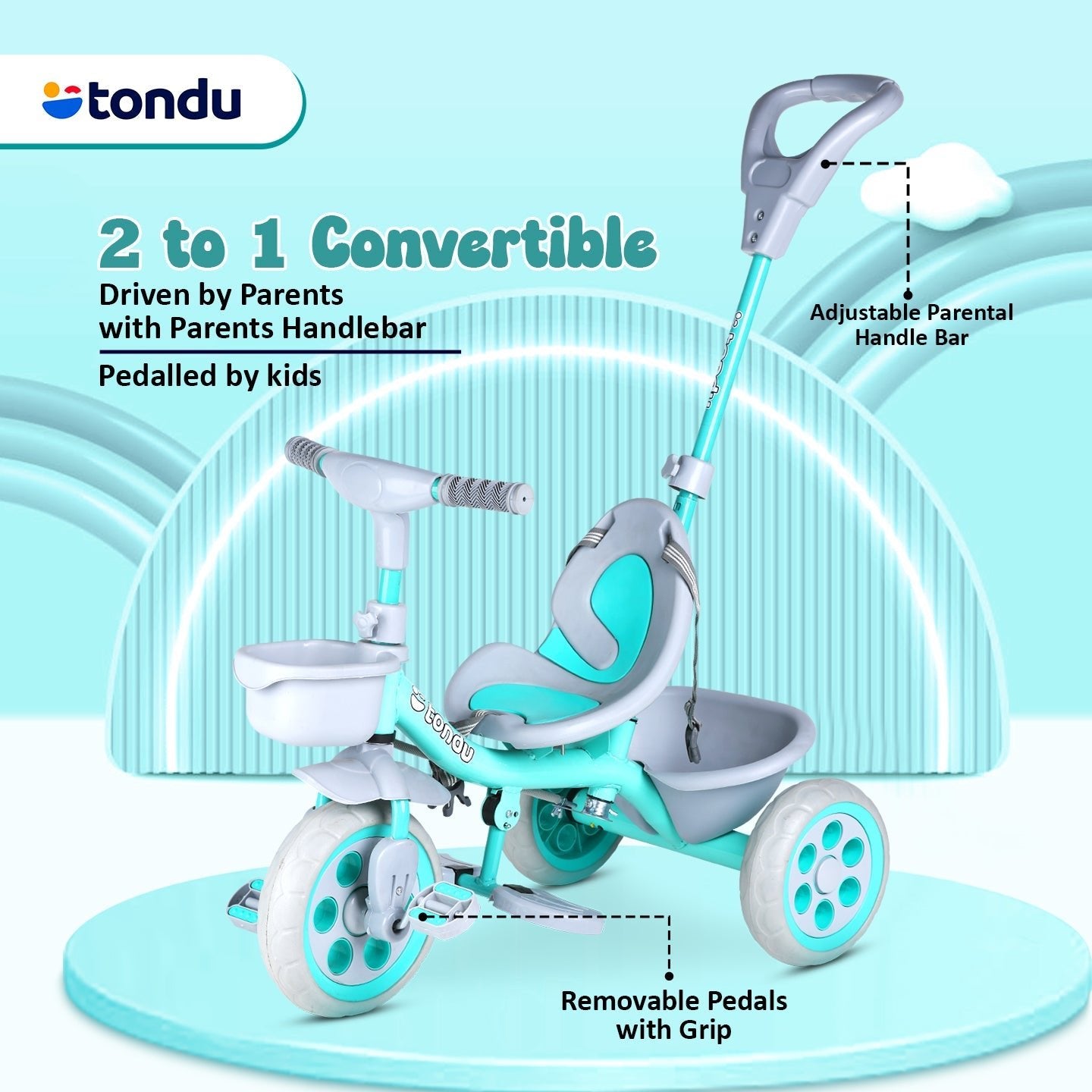 TONDU Kiddo Tricycle Best for 1.5 Year to 4 Years Kids (Sea Green) - Vesco Cycles