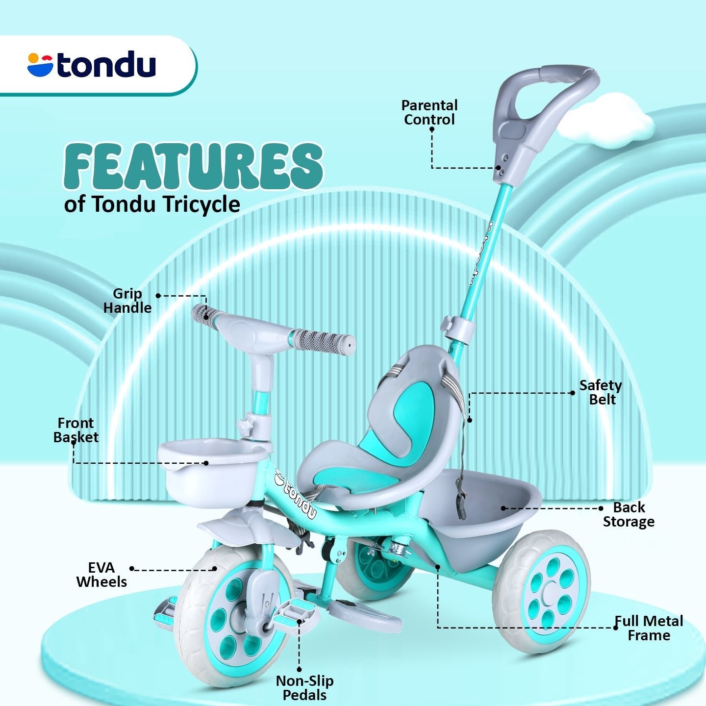 TONDU Kiddo Tricycle Best for 1.5 Year to 4 Years Kids (Sea Green) - Vesco Cycles