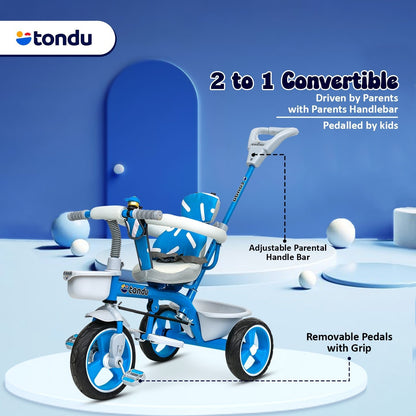 TONDU Tricycle for Baby/Kids with Safety Arm & Seat Belt (Blue) - Vesco Cycles