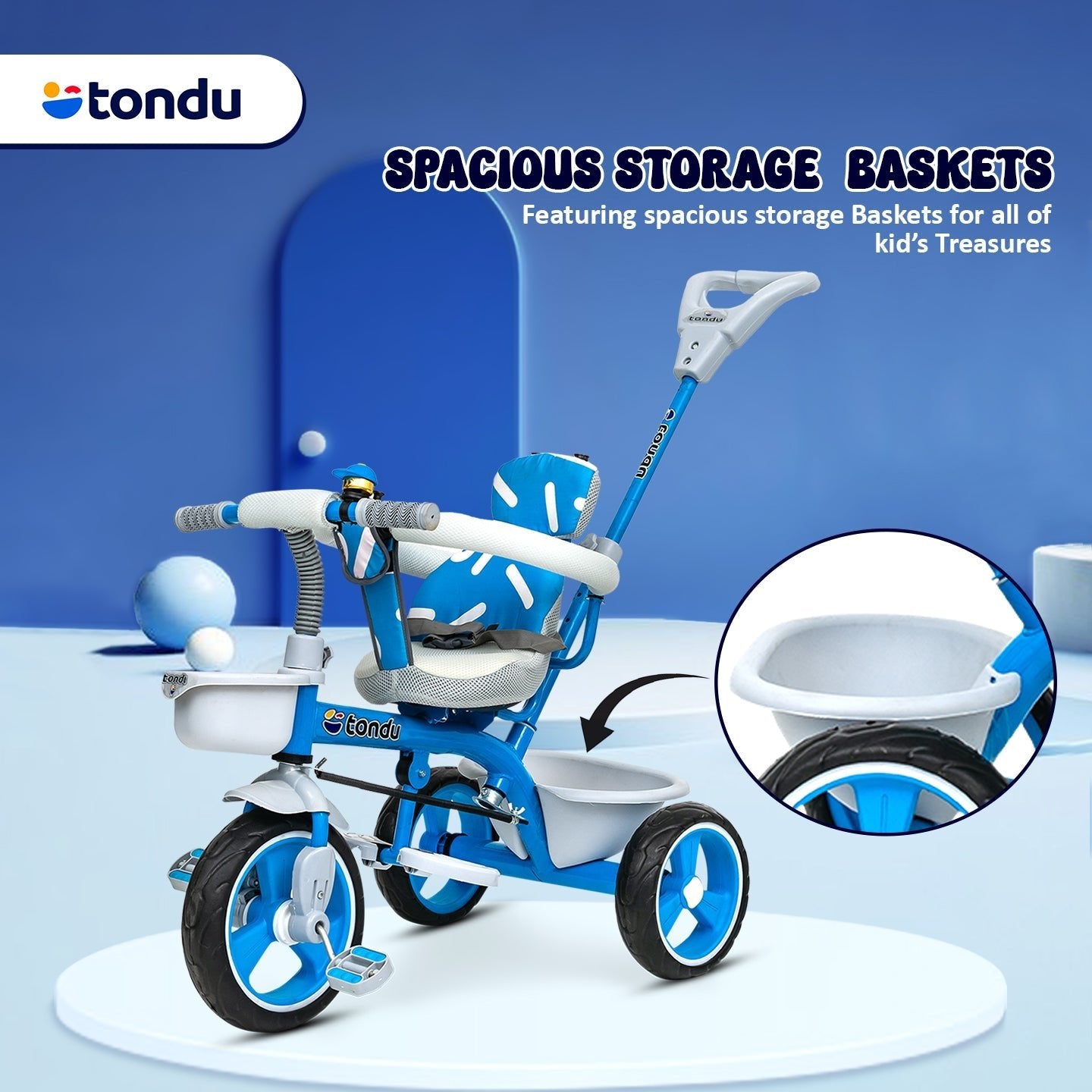 TONDU Tricycle for Baby/Kids with Safety Arm & Seat Belt (Blue) - Vesco Cycles
