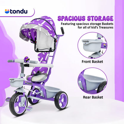 TONDU Tricycles for Kids with Canopy Seat Belt (Purple) - Vesco Cycles
