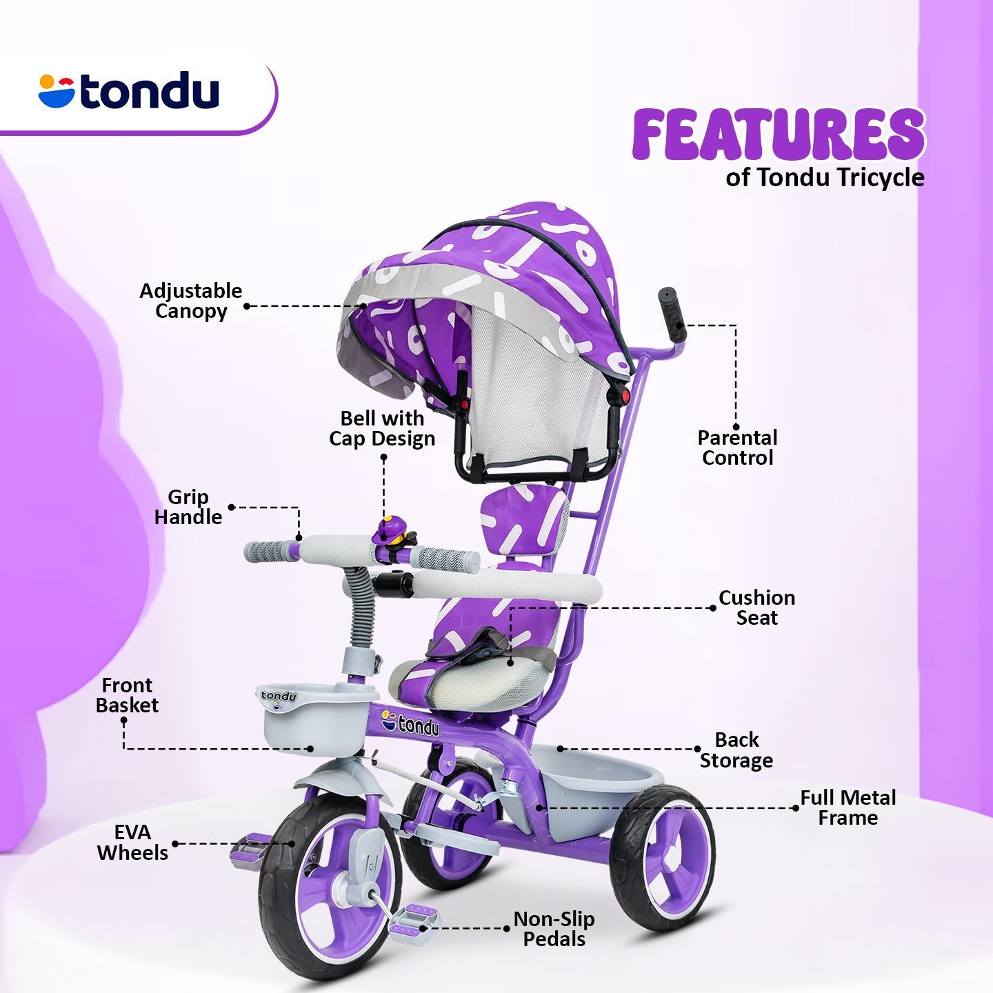 TONDU Tricycles for Kids with Canopy Seat Belt (Purple) - Vesco Cycles