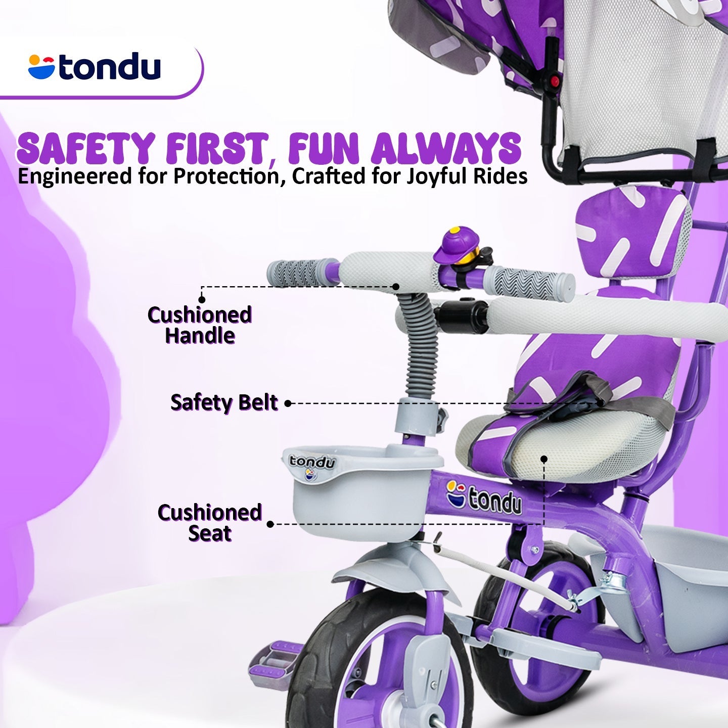 TONDU Tricycles for Kids with Canopy Seat Belt (Purple) - Vesco Cycles
