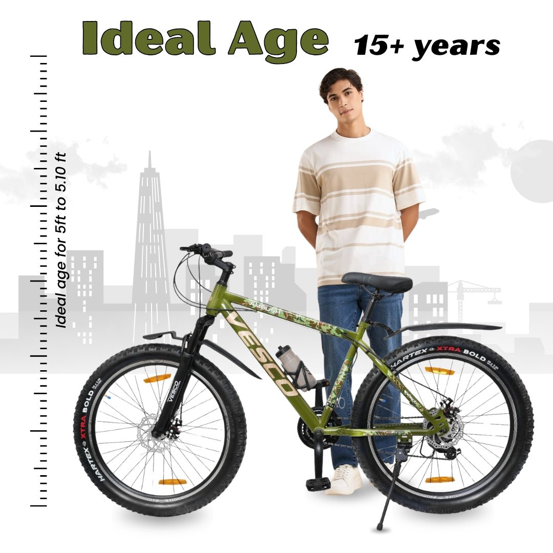 VESCO Ambush 27.5T Mountain Bike – 21 Speed | Strong Steel Frame | Dual Disc Brake | Ideal for 15+ Adults (Green) - Vesco Cycles
