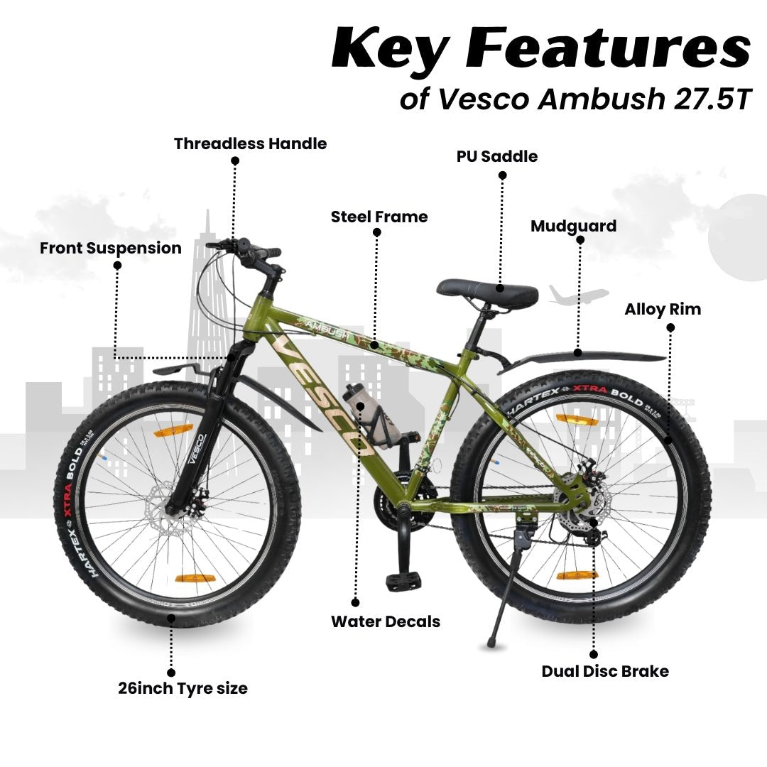 VESCO Ambush 27.5T Mountain Bike – 21 Speed | Strong Steel Frame | Dual Disc Brake | Ideal for 17+ Adults (Green) - Vesco Cycles
