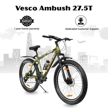 VESCO Ambush 27.5T Mountain Bike – 21 Speed | Strong Steel Frame | Dual Disc Brake | Ideal for 17+ Adults (Green) - Vesco Cycles