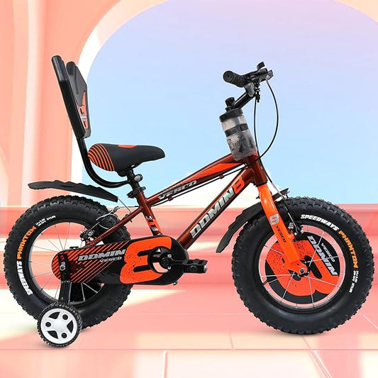 VESCO Domin8 14T Kids Bicycle with Training Wheels & Backrest | Single Speed Cycle for Boys & Girls Age 3 - 5 Years (Orange) - Vesco Cycles