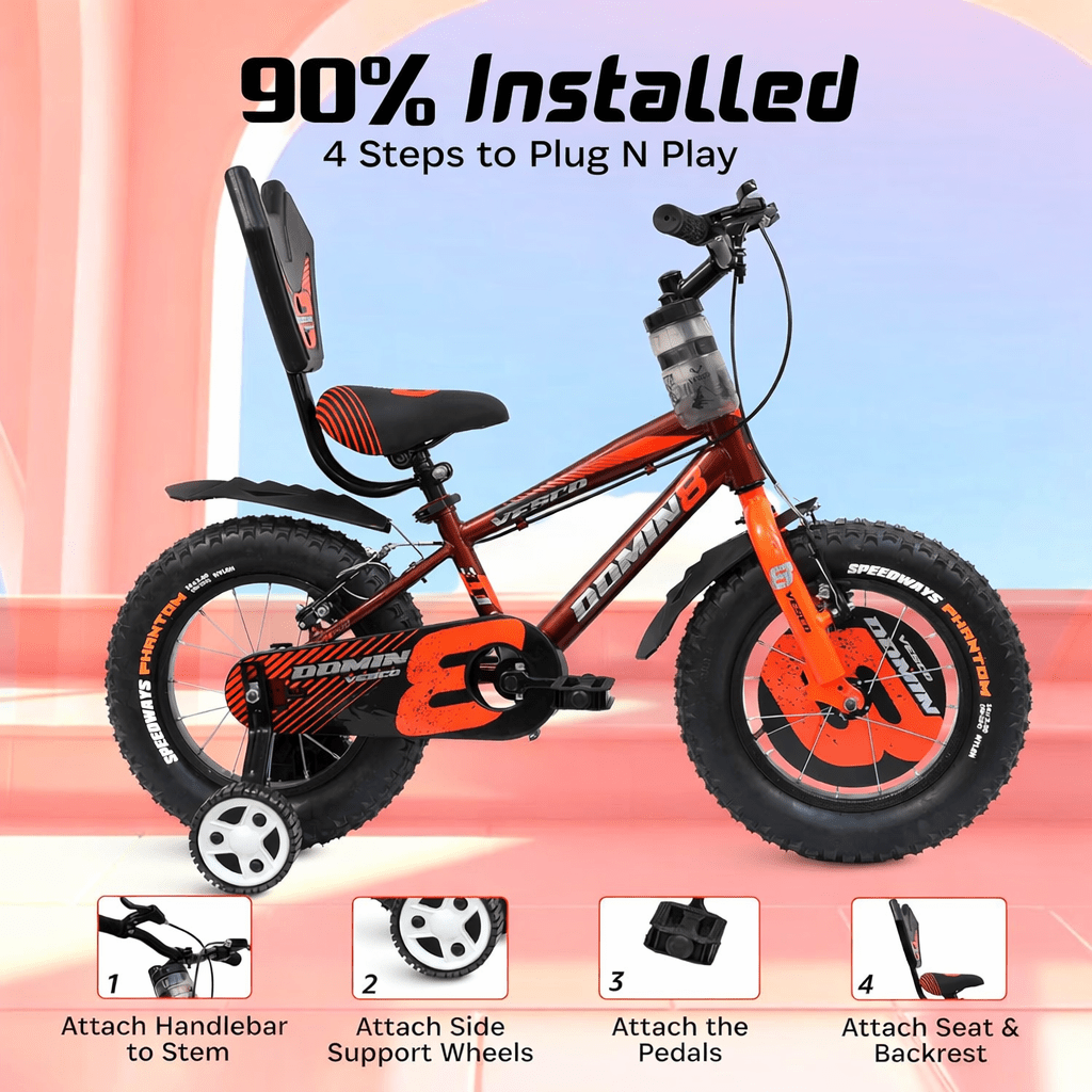 VESCO Domin8 14T Kids Bicycle with Training Wheels & Backrest | Single Speed Cycle for Boys & Girls Age 3 - 5 Years (Orange) - Vesco Cycles