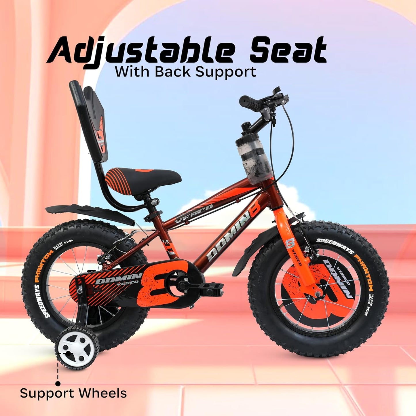 VESCO Domin8 14T Kids Bicycle with Training Wheels & Backrest | Single Speed Cycle for Boys & Girls Age 3 - 5 Years (Orange) - Vesco Cycles