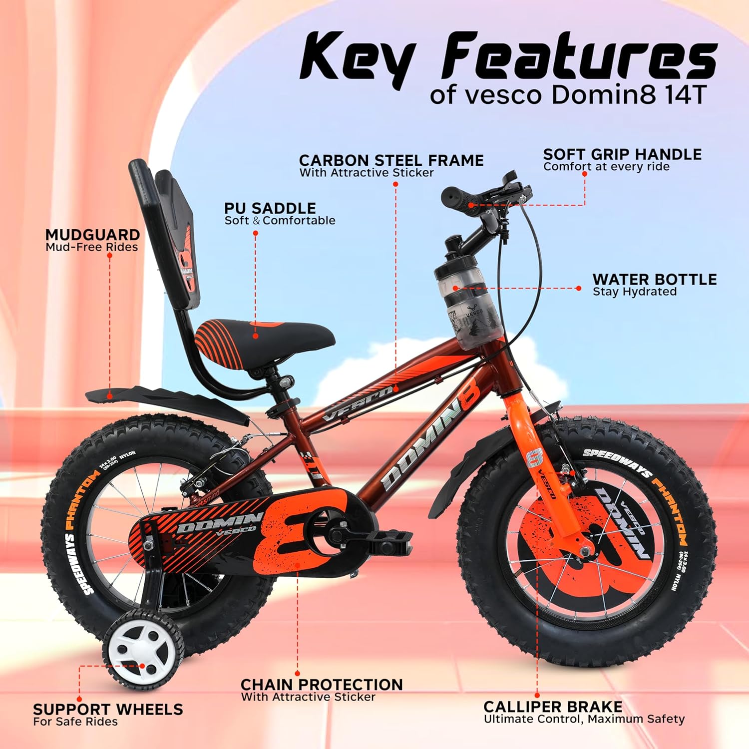 VESCO Domin8 14T Kids Bicycle with Training Wheels & Backrest | Single Speed Cycle for Boys & Girls Age 3 - 5 Years (Orange) - Vesco Cycles