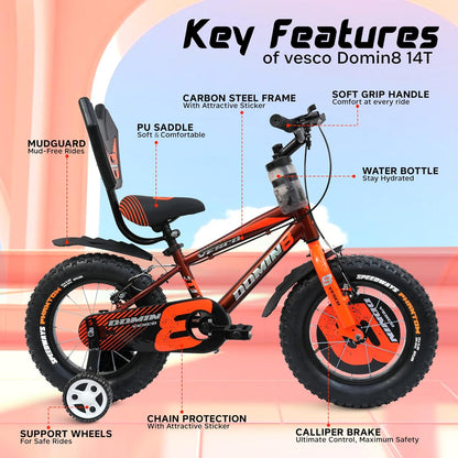 VESCO Domin8 14T Kids Bicycle with Training Wheels & Backrest | Single Speed Cycle for Boys & Girls Age 3 - 5 Years (Orange) - Vesco Cycles