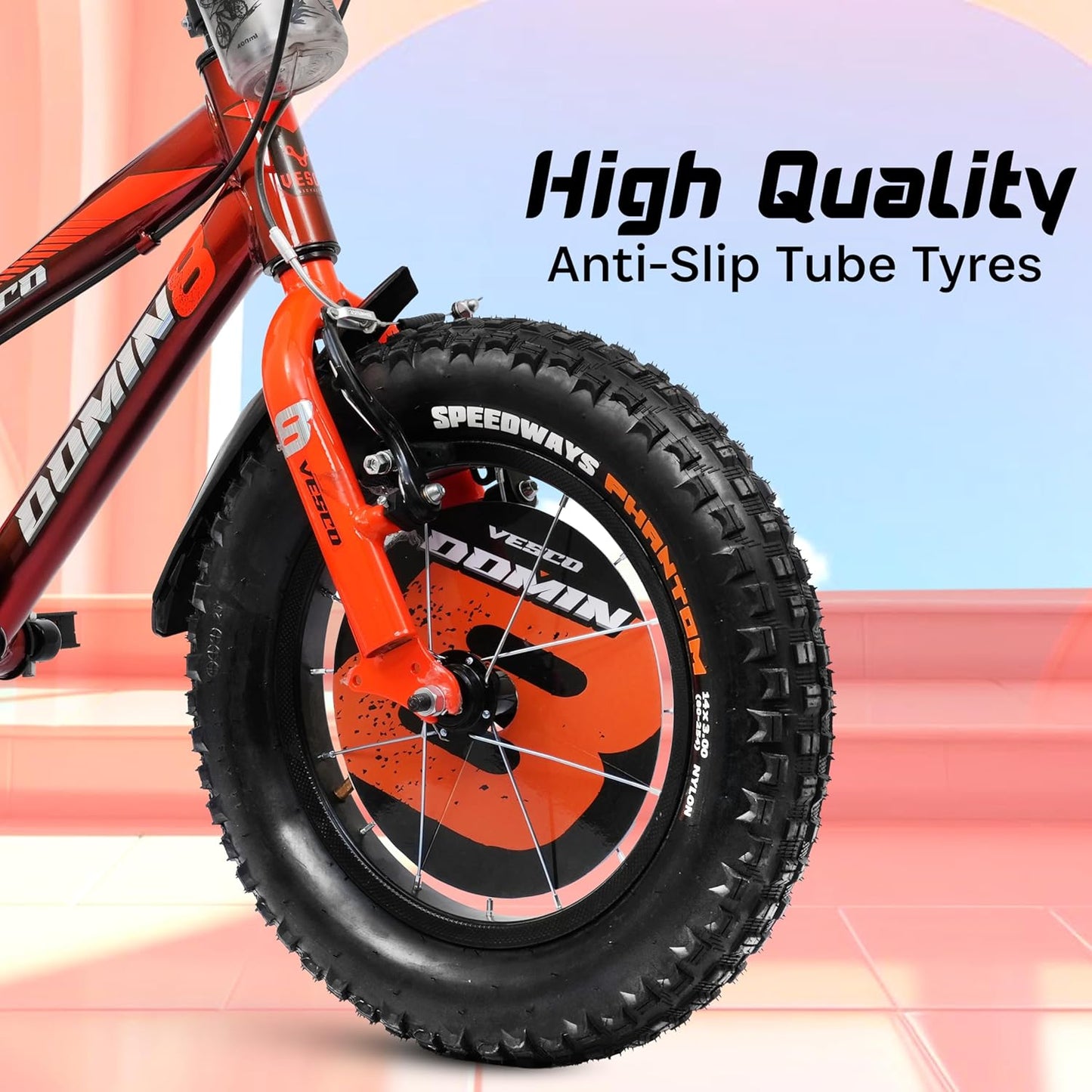 VESCO Domin8 14T Kids Bicycle with Training Wheels & Backrest | Single Speed Cycle for Boys & Girls Age 3 - 5 Years (Orange) - Vesco Cycles