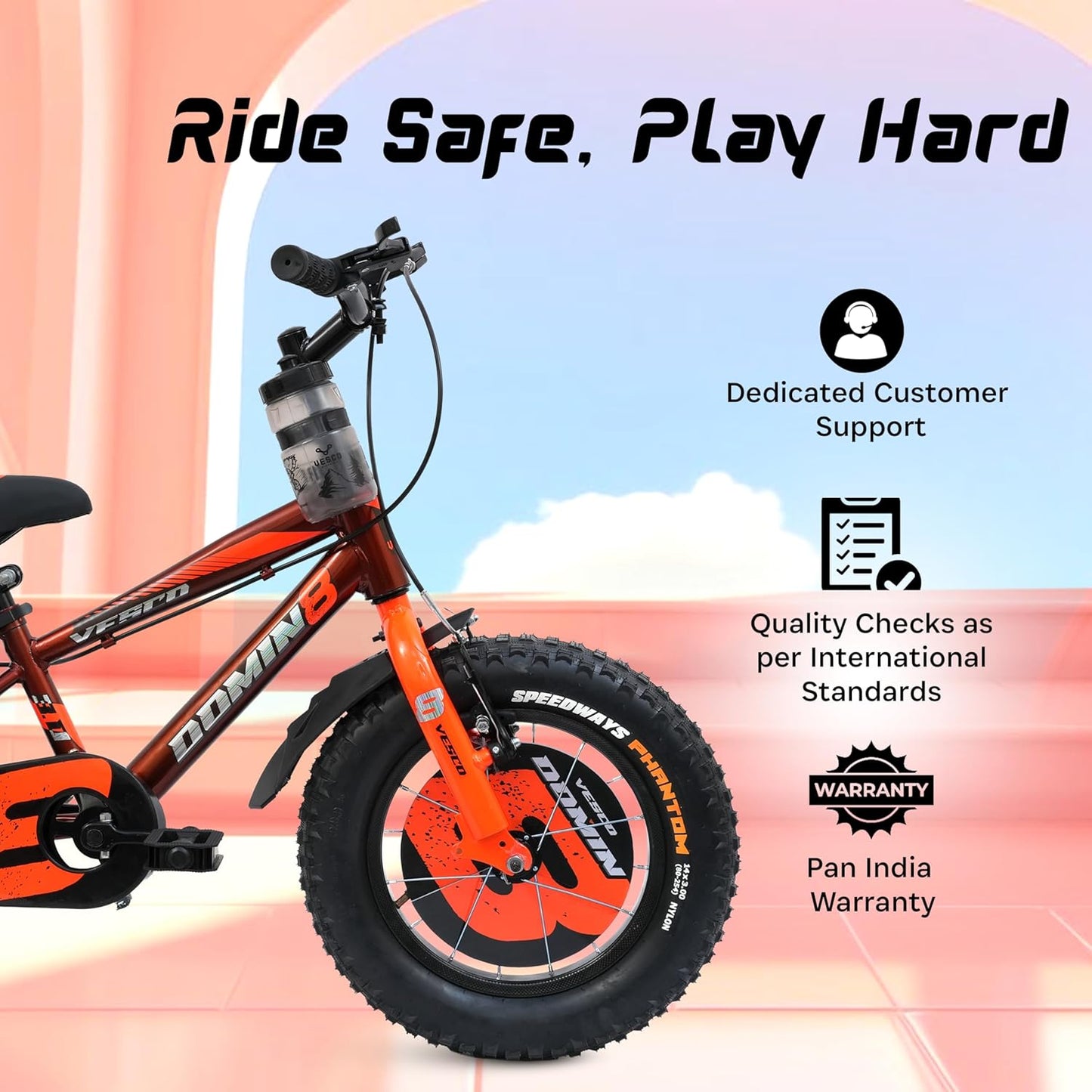 VESCO Domin8 14T Kids Bicycle with Training Wheels & Backrest | Single Speed Cycle for Boys & Girls Age 3 - 5 Years (Orange) - Vesco Cycles