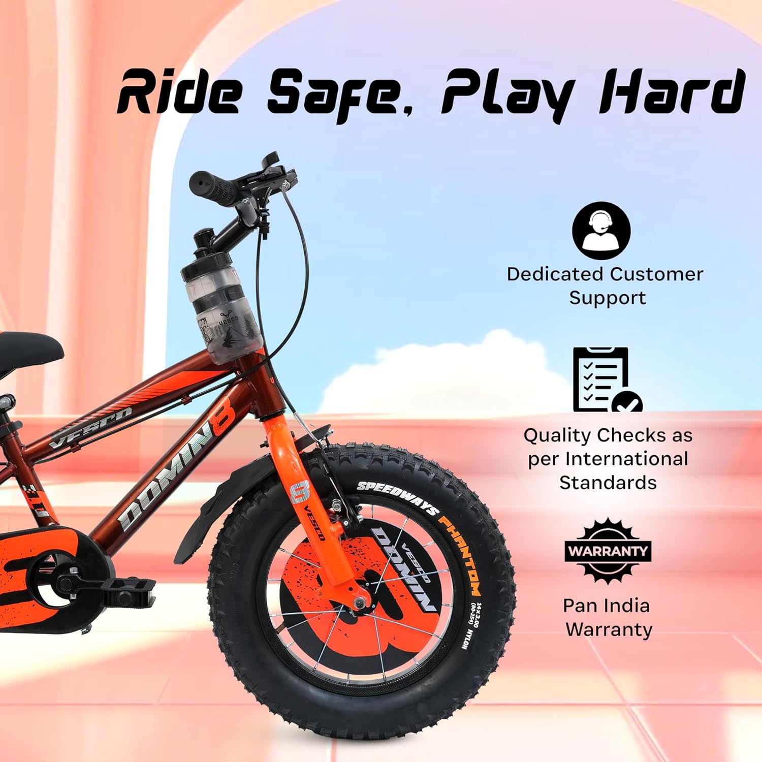 VESCO Domin8 14T Kids Bicycle with Training Wheels & Backrest | Single Speed Cycle for Boys & Girls Age 3 - 5 Years (Orange) - Vesco Cycles