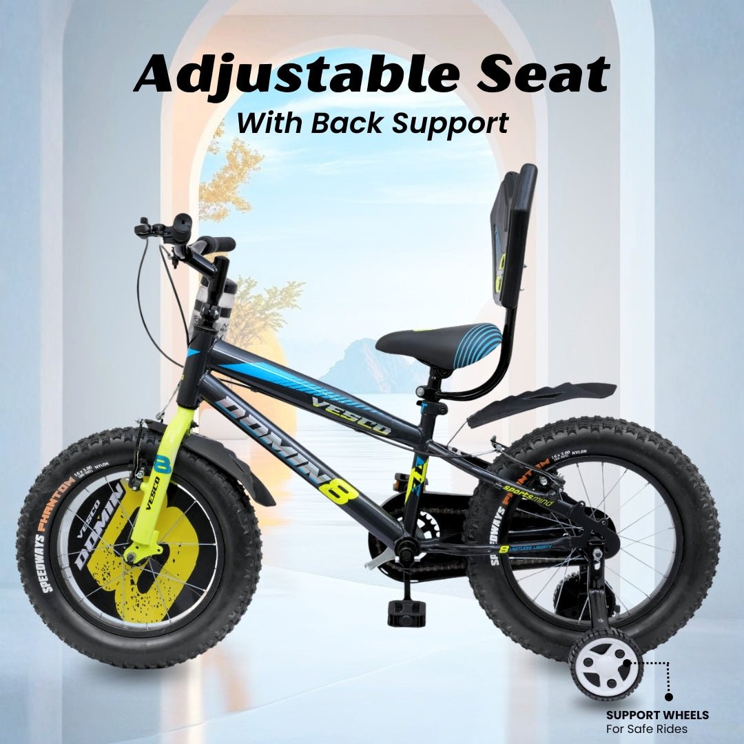 VESCO Domin8 16T Kids Bicycle with Training Wheels & Backrest | Single Speed Cycle for Boys & Girls Age 4 - 6 Years (Black) - Vesco Cycles