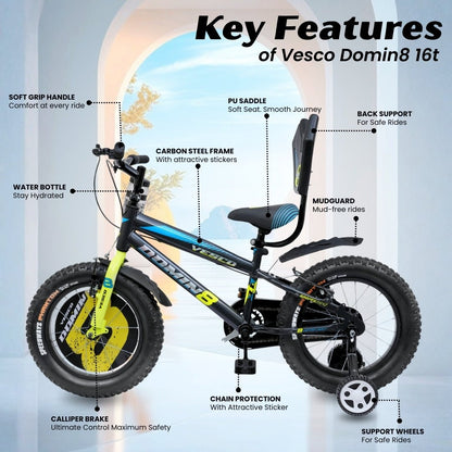 VESCO Domin8 16T Kids Bicycle with Training Wheels & Backrest | Single Speed Cycle for Boys & Girls Age 4 - 6 Years (Black) - Vesco Cycles