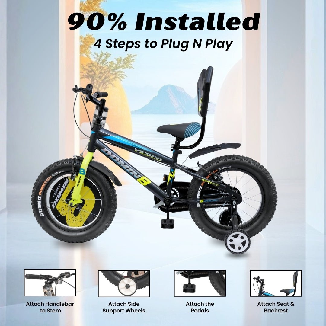 VESCO Domin8 16T Kids Bicycle with Training Wheels & Backrest | Single Speed Cycle for Boys & Girls Age 4 - 6 Years (Black) - Vesco Cycles
