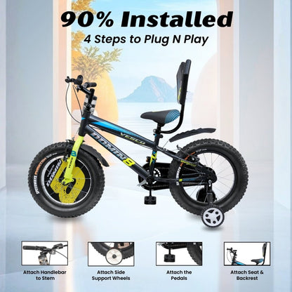VESCO Domin8 16T Kids Bicycle with Training Wheels & Backrest | Single Speed Cycle for Boys & Girls Age 4 - 6 Years (Black) - Vesco Cycles