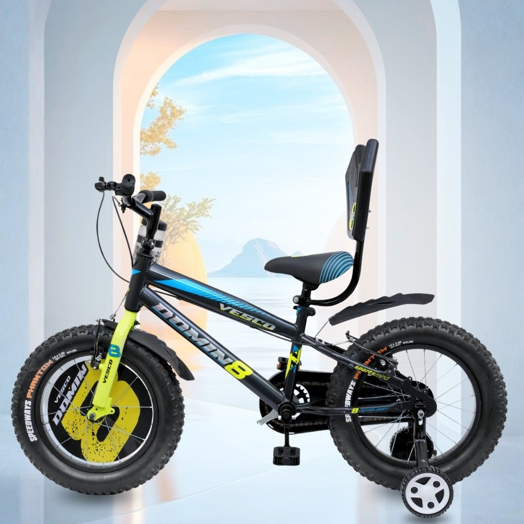 VESCO Domin8 16T Kids Bicycle with Training Wheels & Backrest | Single Speed Cycle for Boys & Girls Age 4 - 6 Years (Black) - Vesco Cycles