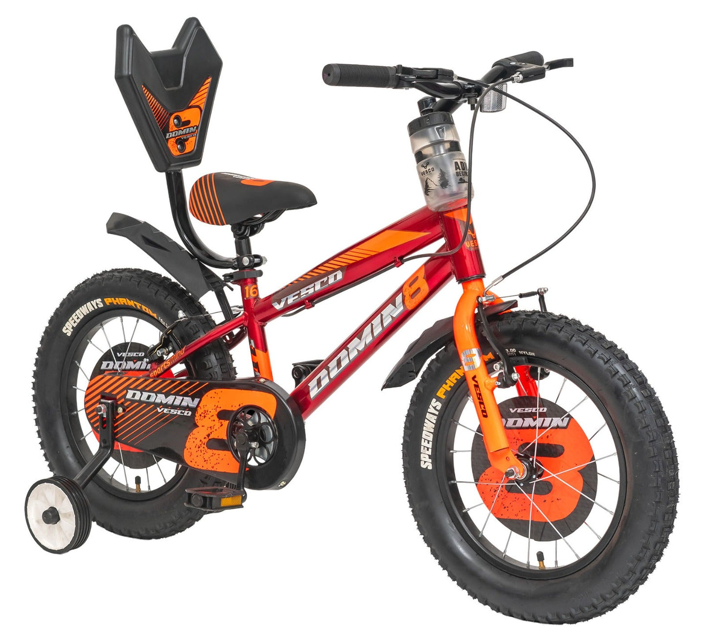 VESCO Domin8 16T Kids Bicycle with Training Wheels & Backrest | Single Speed Cycle for Boys & Girls Age 4 - 6 Years (Orange) - Vesco Cycles
