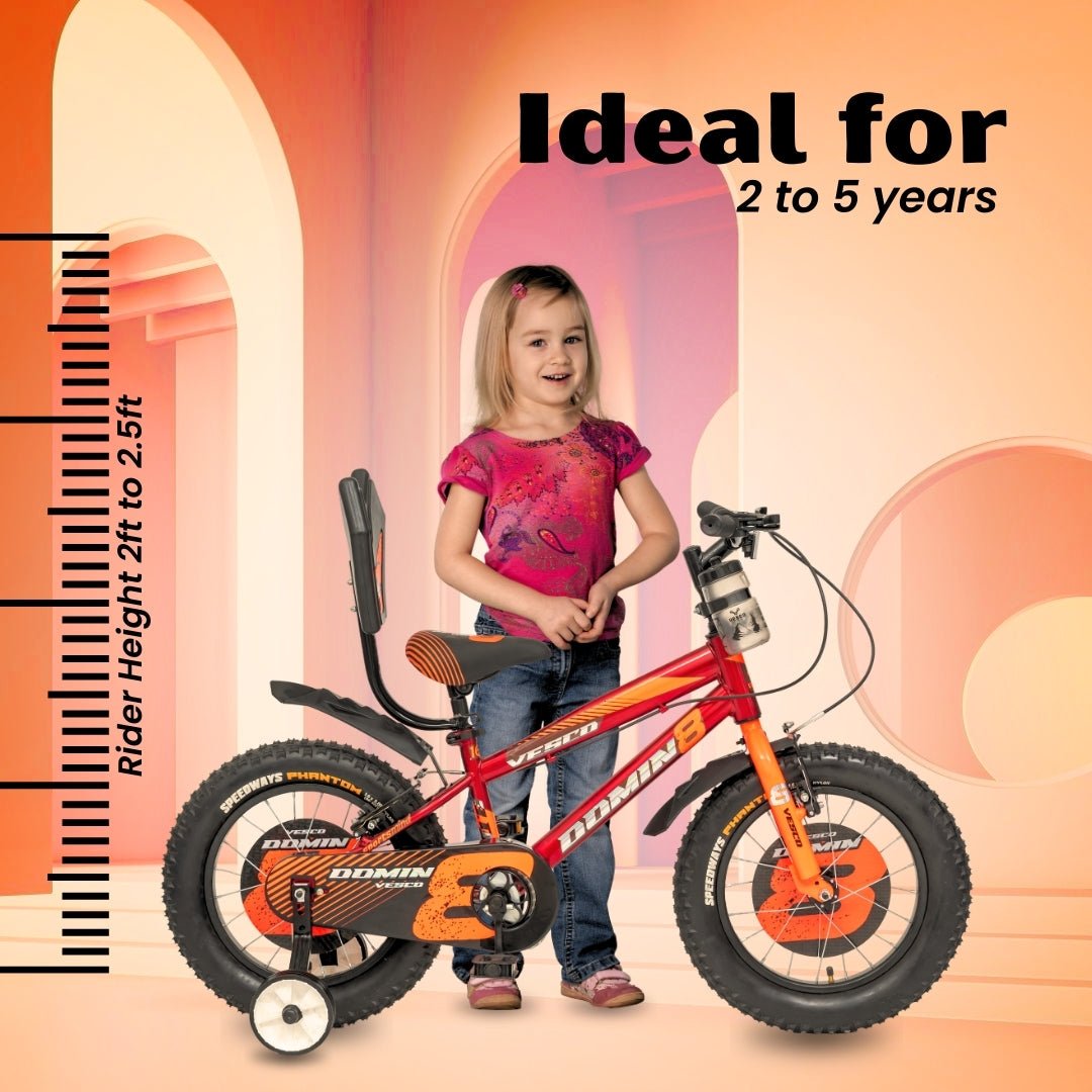 VESCO Domin8 16T Kids Bicycle with Training Wheels & Backrest | Single Speed Cycle for Boys & Girls Age 4 - 6 Years (Orange) - Vesco Cycles