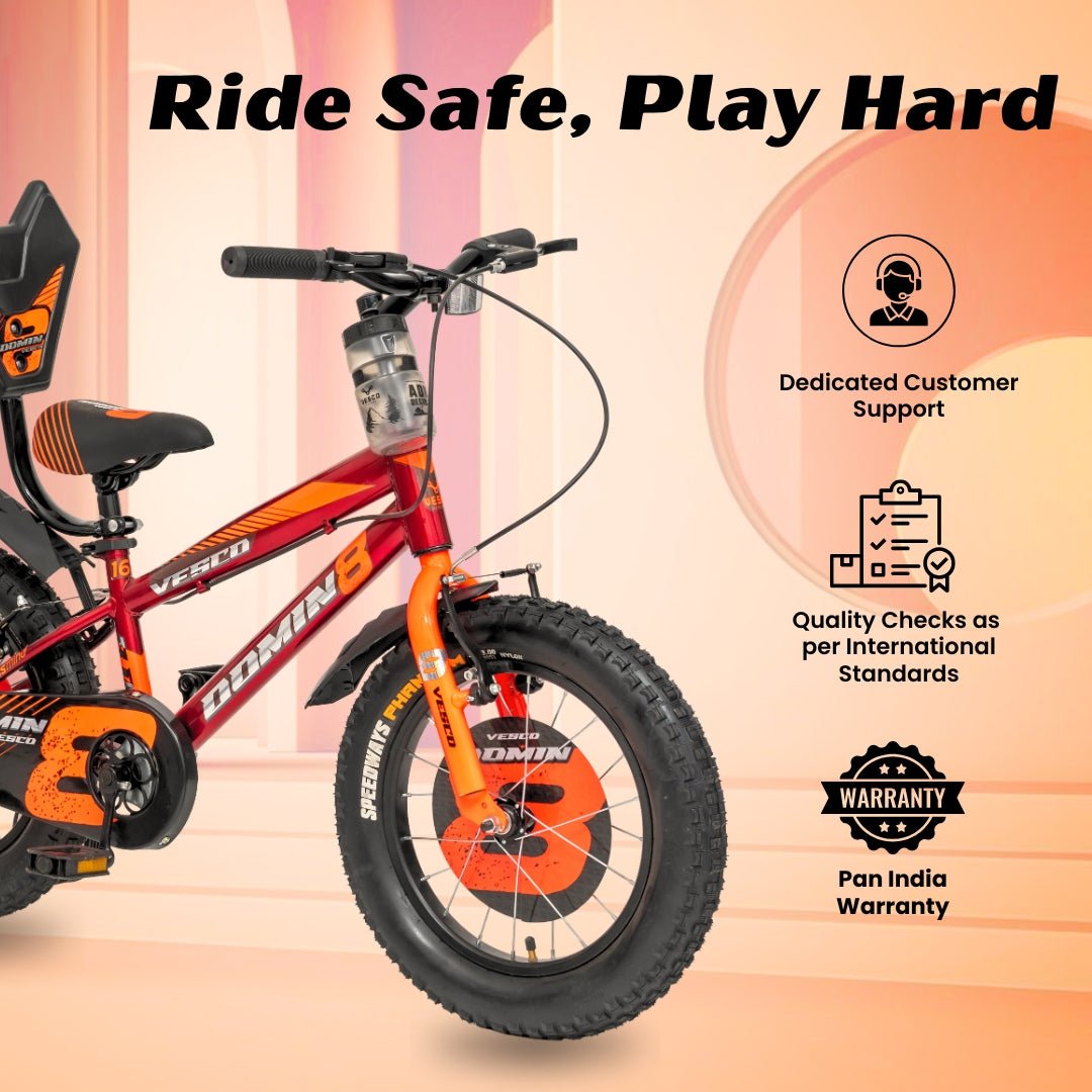 VESCO Domin8 16T Kids Bicycle with Training Wheels & Backrest | Single Speed Cycle for Boys & Girls Age 4 - 6 Years (Orange) - Vesco Cycles