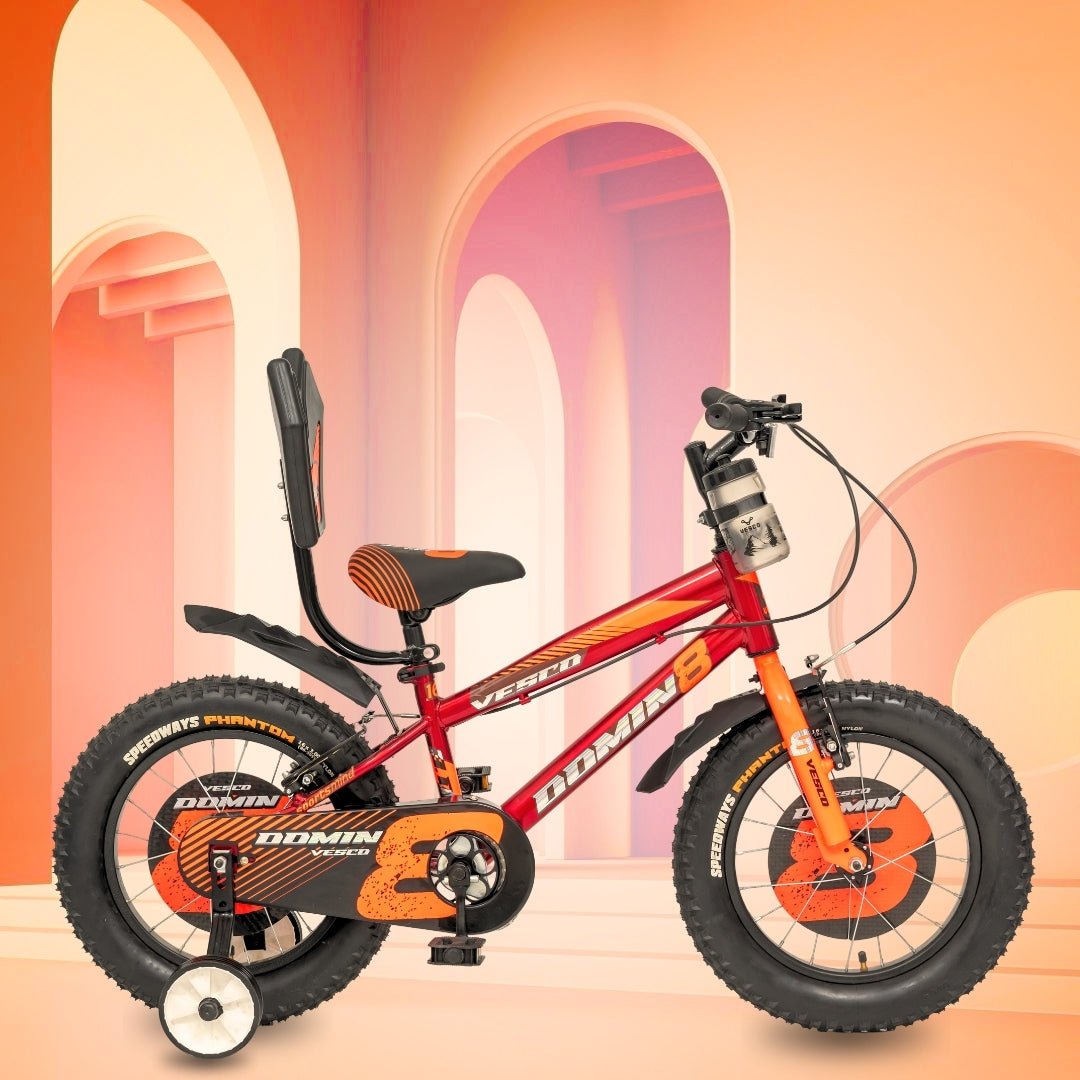 VESCO Domin8 16T Kids Bicycle with Training Wheels & Backrest | Single Speed Cycle for Boys & Girls Age 4 - 6 Years (Orange) - Vesco Cycles